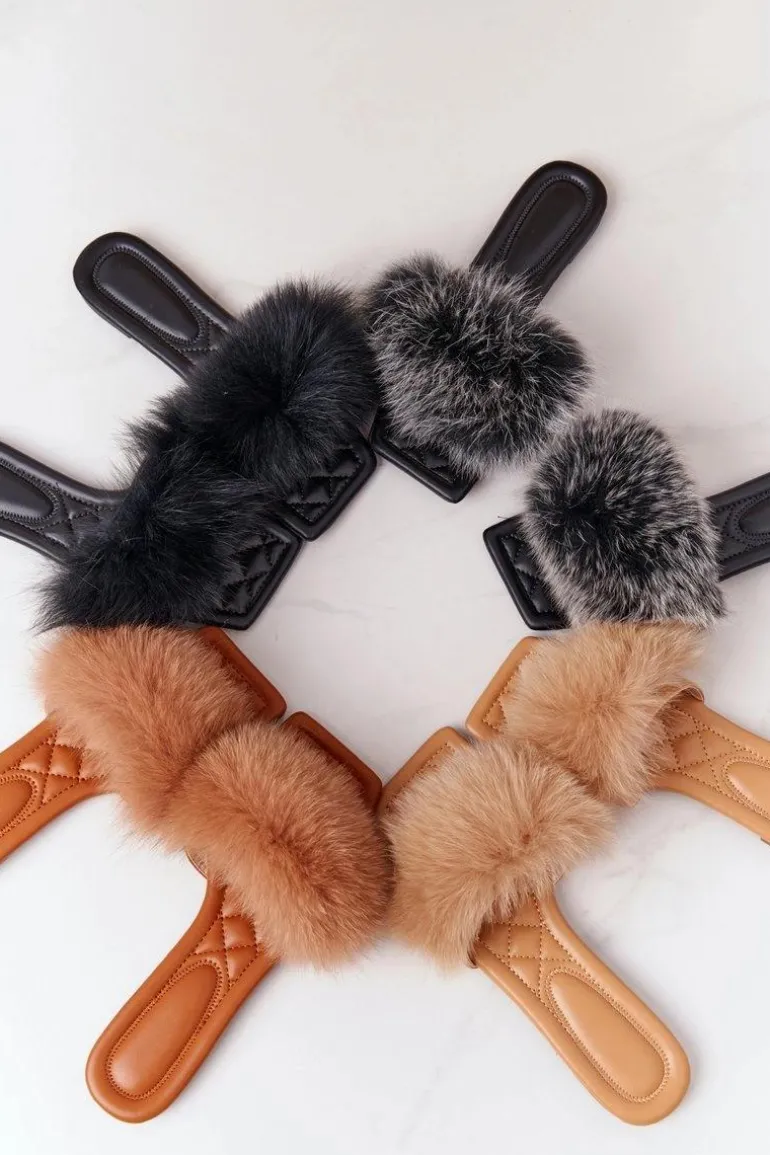 Skórzane Klapki Z Futerkiem Czarno-Białe Love You So