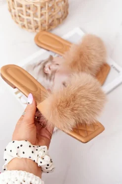 Skórzane Klapki Z Futerkiem Beżowe Love You So