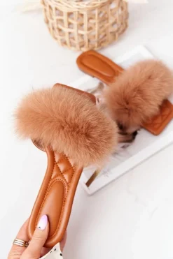 Skórzane Klapki Z Futerkiem Camel Love You So