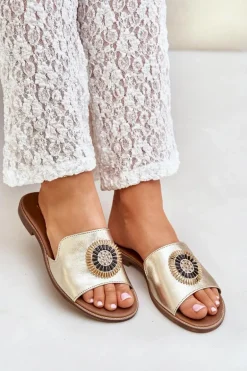 Skórzane Klapki Z Ozdobą Na Płaskim Obcasie Zazoo 3047/O Złote