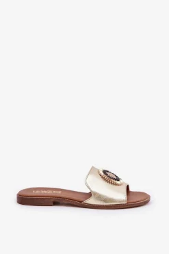 Skórzane Klapki Z Ozdobą Na Płaskim Obcasie Zazoo 3047/O Złote