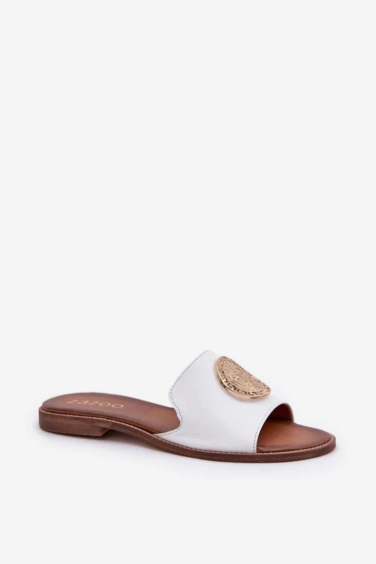 Skórzane Klapki Z Ozdobą Na Płaskim Obcasie Zazoo 3047/O Białe