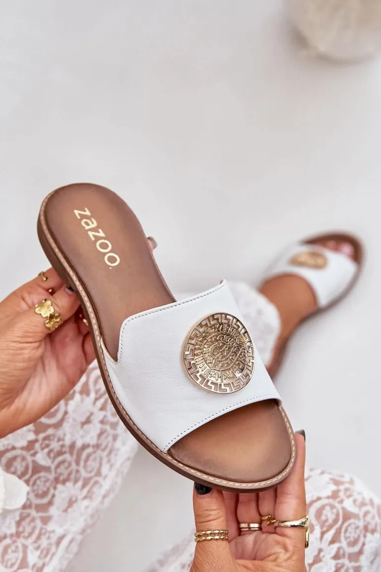 Skórzane Klapki Z Ozdobą Na Płaskim Obcasie Zazoo 3047/O Białe