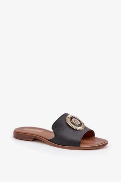 Skórzane Klapki Z Ozdobą Na Płaskim Obcasie Zazoo 3047/O Czarne