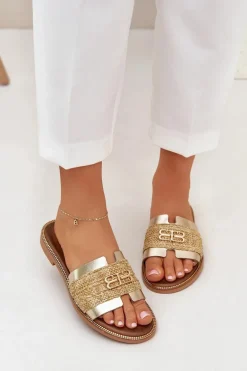 Skórzane Klapki Z Ozdobnym Detalem I Plecionką Zazoo 40426 Złote