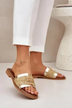 Skórzane Klapki Z Ozdobnym Detalem I Plecionką Zazoo 40426 Złote