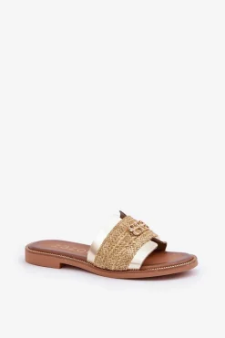 Skórzane Klapki Z Ozdobnym Detalem I Plecionką Zazoo 40426 Złote