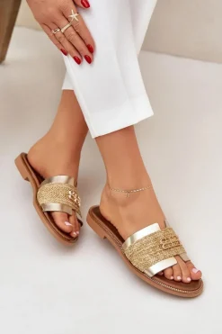 Skórzane Klapki Z Ozdobnym Detalem I Plecionką Zazoo 40426 Złote