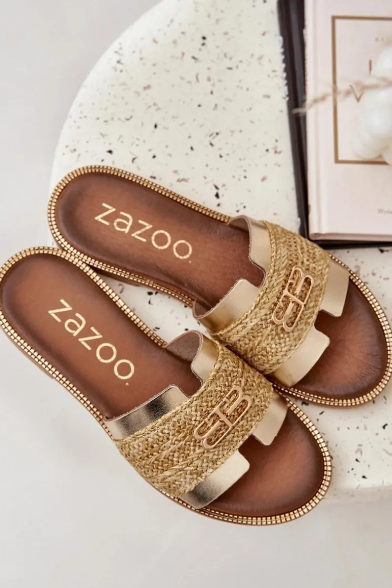 Skórzane Klapki Z Ozdobnym Detalem I Plecionką Zazoo 40426 Złote