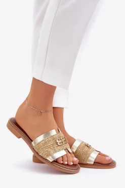 Skórzane Klapki Z Ozdobnym Detalem I Plecionką Zazoo 40426 Złote