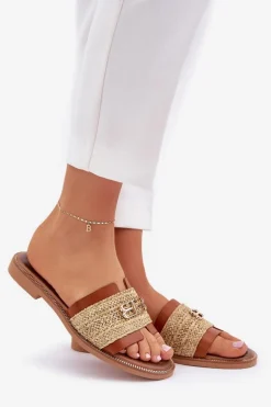 Skórzane Klapki Z Ozdobnym Detalem I Plecionką Zazoo 40426 Brązowe