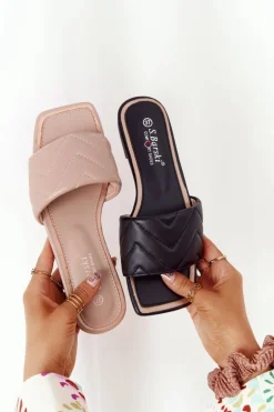 Skórzane Klapki Z Pikowaniem S.Barski 331-42 Czarne