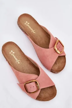 Skórzane Klapki Ze Złotą Klamrą Maciejka 07000-15 Różowe