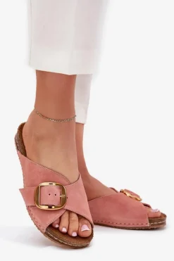 Skórzane Klapki Ze Złotą Klamrą Maciejka 07000-15 Różowe