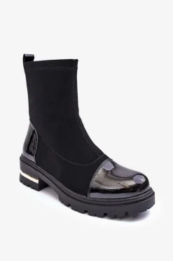 Skórzane Klasyczne Botki Na Płaskim Obcasie Czarne Shendete