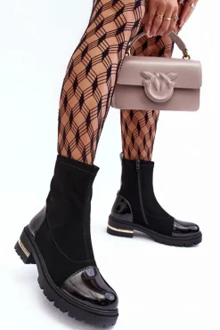 Skórzane Klasyczne Botki Na Płaskim Obcasie Czarne Shendete