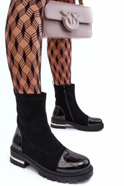 Skórzane Klasyczne Botki Na Płaskim Obcasie Czarne Shendete