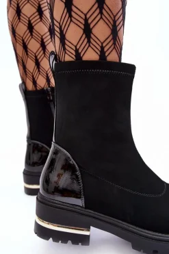 Skórzane Klasyczne Botki Na Płaskim Obcasie Czarne Shendete