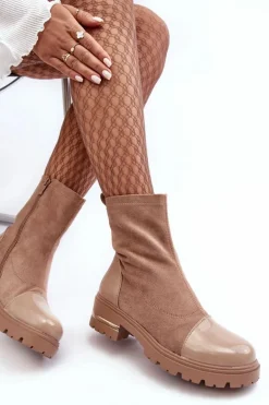 Skórzane Klasyczne Botki Na Płaskim Obcasie Beżowe Shendete