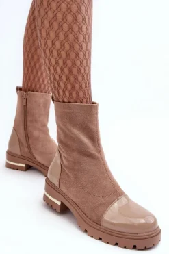 Skórzane Klasyczne Botki Na Płaskim Obcasie Beżowe Shendete