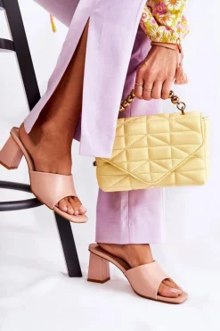 Skórzane Klasyczne Klapki Na Obcasie Nude Talena