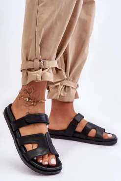 Skórzane Klasyczne Klapki Damskie Na Rzep Czarne Amedon