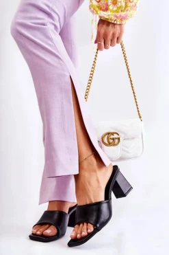 Skórzane Klasyczne Klapki Na Obcasie Czarne Talena