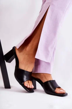 Skórzane Klasyczne Klapki Na Obcasie Czarne Talena