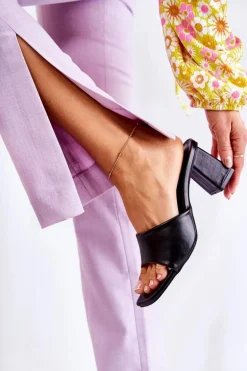 Skórzane Klasyczne Klapki Na Obcasie Czarne Talena