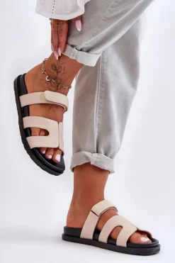 Skórzane Klasyczne Klapki Damskie Na Rzep Beżowe Amedon