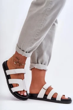 Skórzane Klasyczne Klapki Damskie Na Rzep Białe Amedon