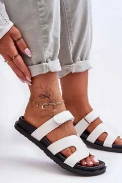 Skórzane Klasyczne Klapki Damskie Na Rzep Białe Amedon