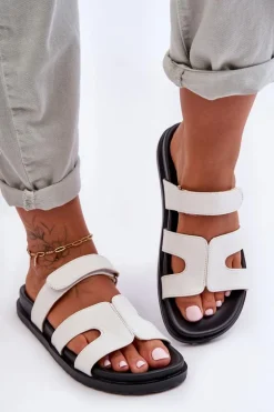 Skórzane Klasyczne Klapki Damskie Na Rzep Białe Amedon