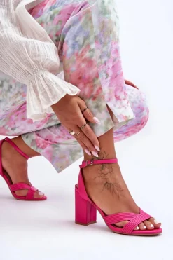 Skórzane Klasyczne Sandałki Na Słupku Fuksja Zipola