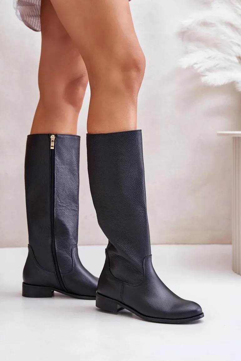 Skórzane Kozaki Damskie Do Połowy Łydki Na Zamek Lewski 3616 Czarne