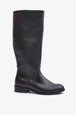 Skórzane Kozaki Damskie Do Połowy Łydki Na Zamek Lewski 3616 Czarne