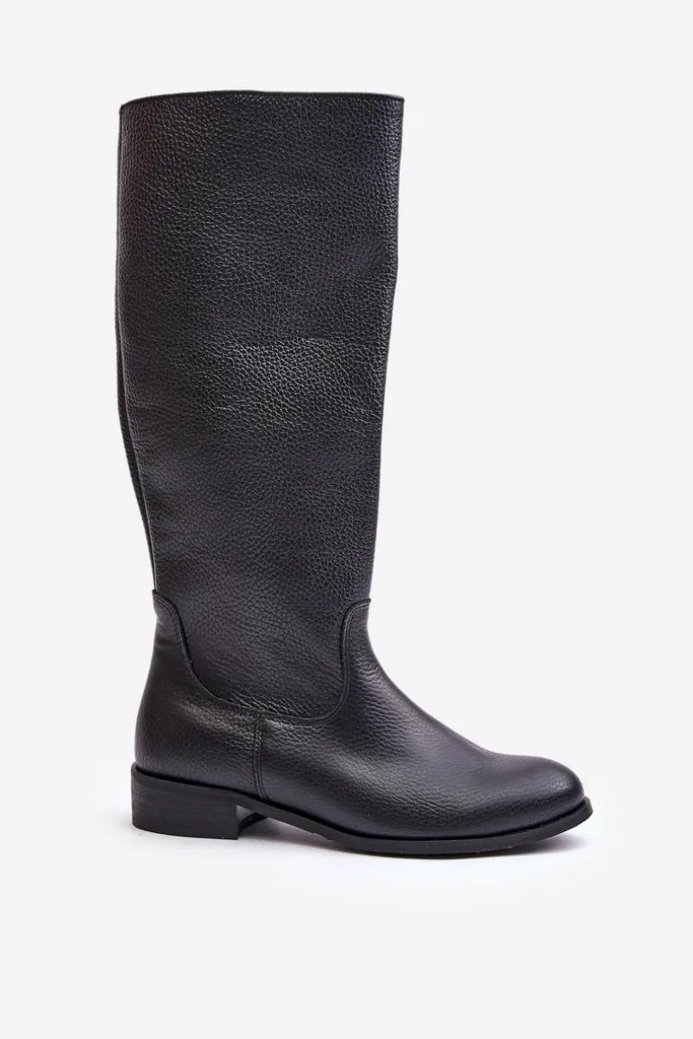 Skórzane Kozaki Damskie Do Połowy Łydki Na Zamek Lewski 3616 Czarne