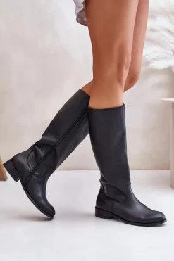 Skórzane Kozaki Damskie Do Połowy Łydki Na Zamek Lewski 3616 Czarne