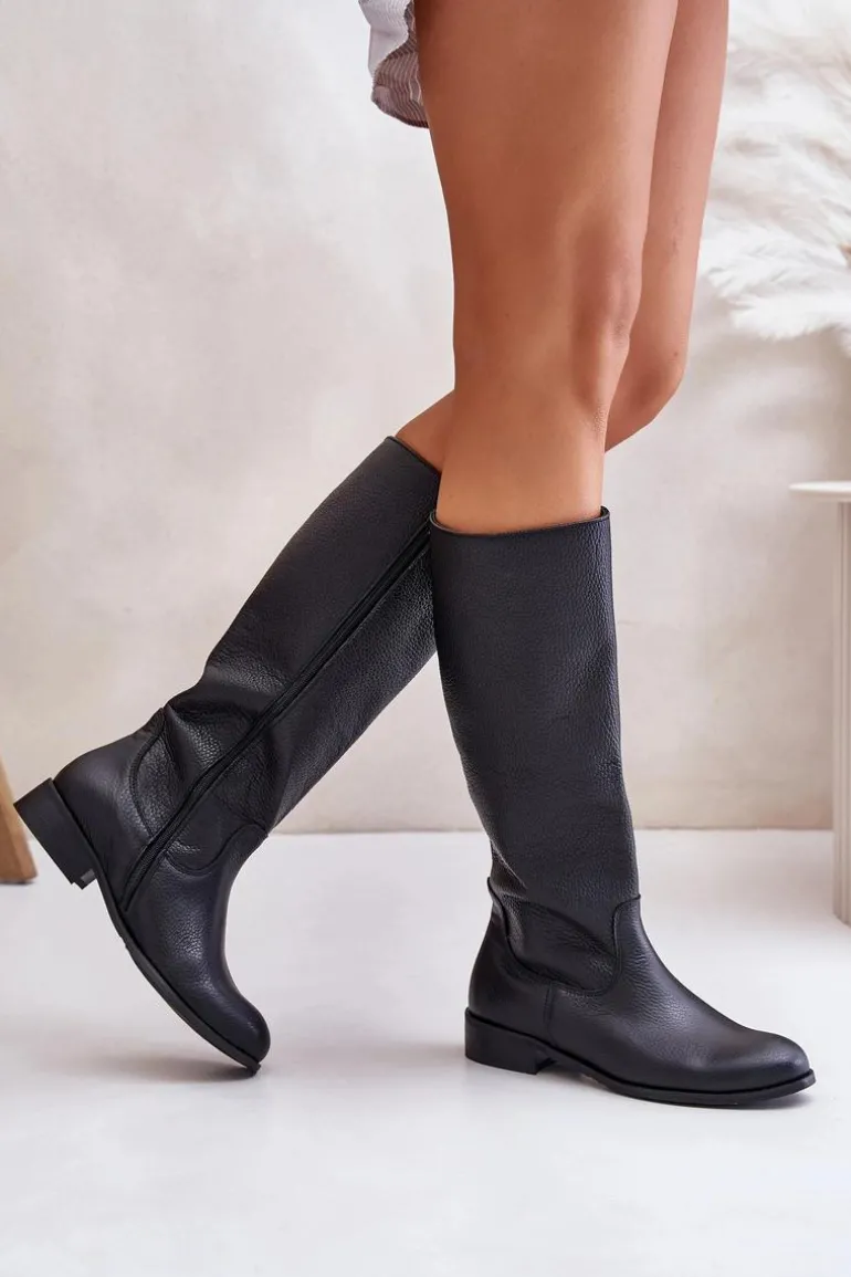 Skórzane Kozaki Damskie Do Połowy Łydki Na Zamek Lewski 3616 Czarne