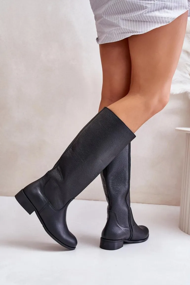 Skórzane Kozaki Damskie Do Połowy Łydki Na Zamek Lewski 3616 Czarne