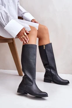 Skórzane Kozaki Damskie Do Połowy Łydki Na Zamek Lewski 3616 Czarne