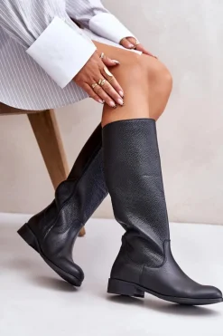 Skórzane Kozaki Damskie Do Połowy Łydki Na Zamek Lewski 3616 Czarne