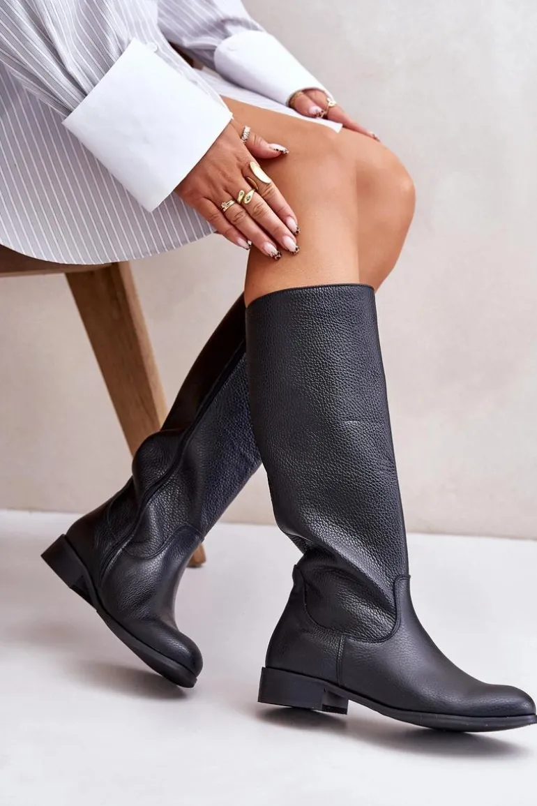 Skórzane Kozaki Damskie Do Połowy Łydki Na Zamek Lewski 3616 Czarne