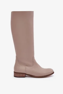 Skórzane Kozaki Damskie Do Połowy Łydki Na Zamek Zazoo 3616 Jasnobeżowe