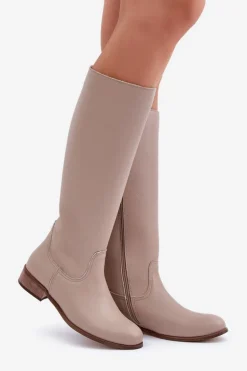 Skórzane Kozaki Damskie Do Połowy Łydki Na Zamek Zazoo 3616 Jasnobeżowe