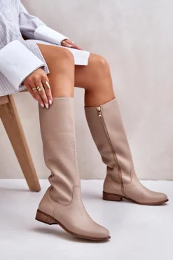 Skórzane Kozaki Damskie Do Połowy Łydki Na Zamek Lewski 3616 Beżowe
