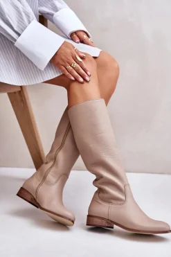 Skórzane Kozaki Damskie Do Połowy Łydki Na Zamek Lewski 3616 Beżowe