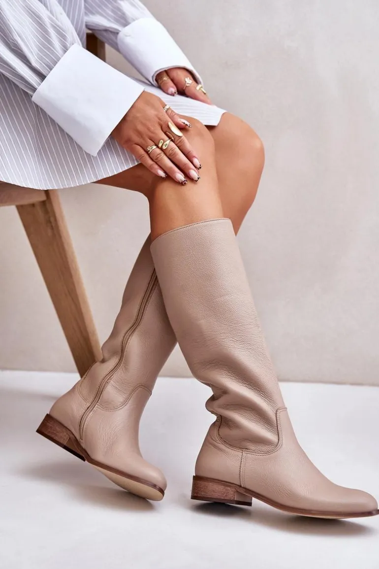 Skórzane Kozaki Damskie Do Połowy Łydki Na Zamek Lewski 3616 Beżowe
