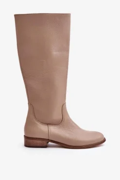 Skórzane Kozaki Damskie Do Połowy Łydki Na Zamek Lewski 3616 Beżowe
