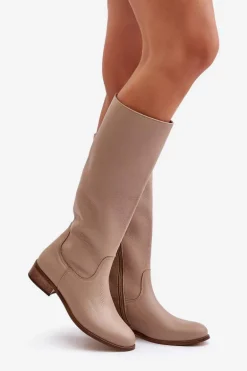 Skórzane Kozaki Damskie Do Połowy Łydki Na Zamek Lewski 3616 Beżowe